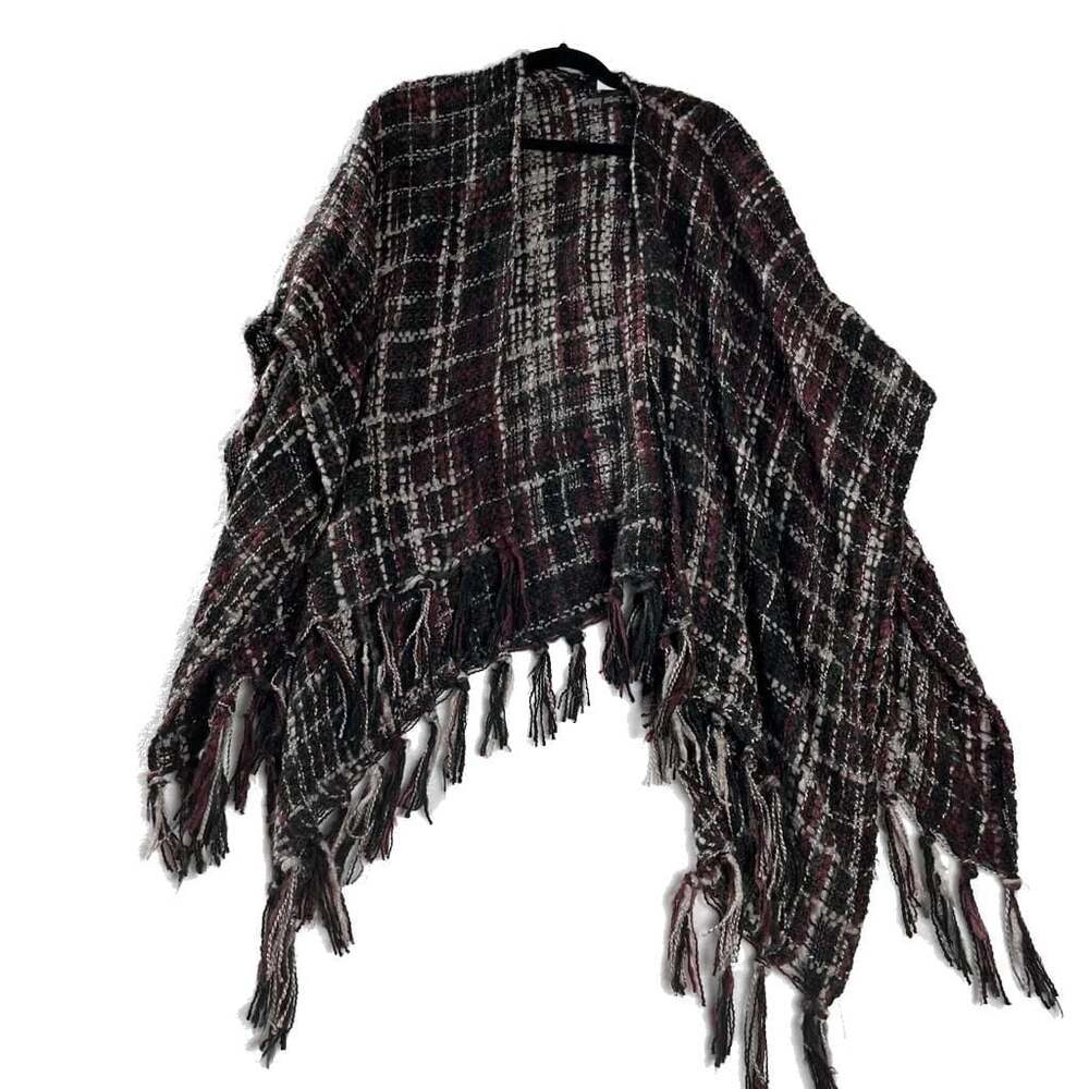 Steve Madden‎ Plaid Fringe Poncho Wrap Boho Cozy One Size